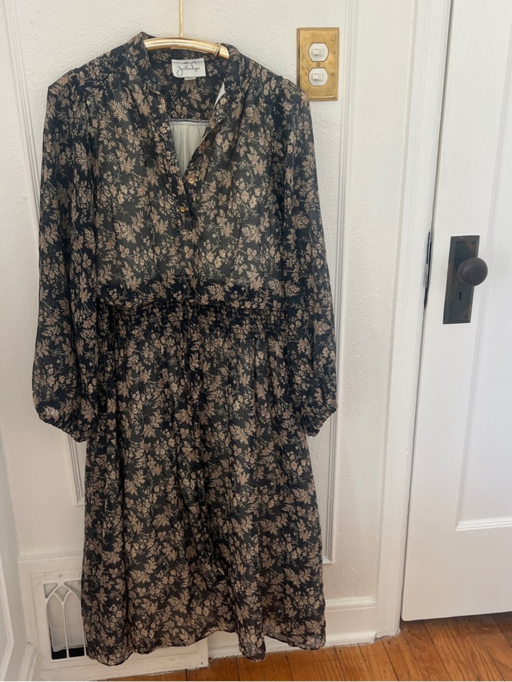 Vintage Black Midi Dress with Cream Floral Print